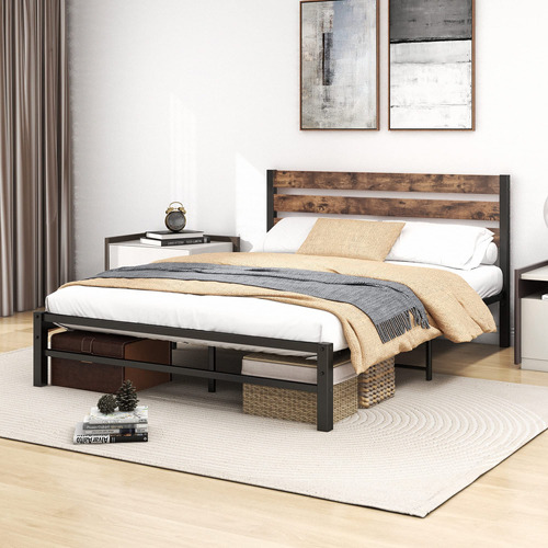 Verfarm Base De Cama De Metal Queen Con Cabecera De Madera,