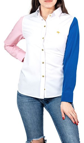 Camisa Blusa Mujer Casual Blanca Manga Rosa, Azul Moon Rain