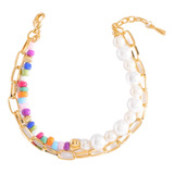 Pulsera Doble Cadena Con Perlas Y Cuencas Colores 