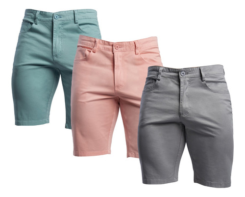  Pack De 3 Bermudas Short Stretch De Gabardina Hombre Corto 