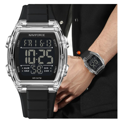 Naviforce Reloj Para Hombre Deportivo Digital Ocio Silicona Impermeables Cronógrafo Esfera Cuadrada Creativos Bisel Plateado Correa Negra Con Fondo Negro