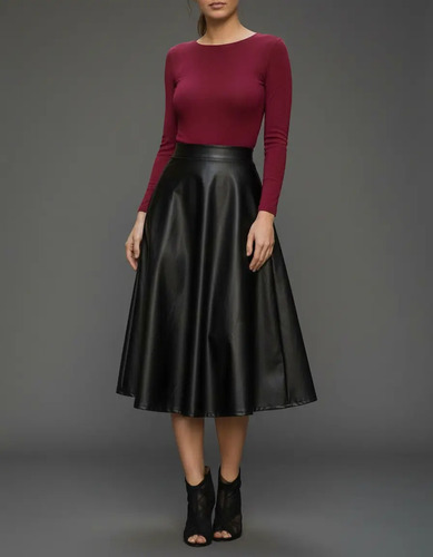 Falda Midi De Vinipiel Circular Elegante Moda Casual