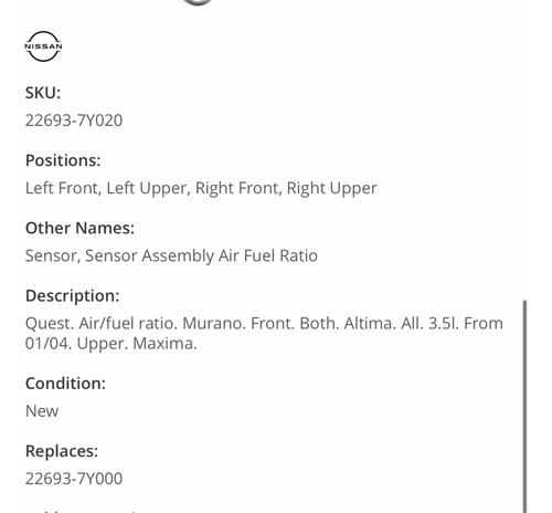Sensor Oxgeno Delant Nissan Murano Quest Mxima 2003-09 Foto 3