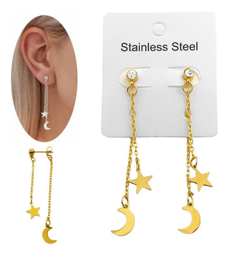 Par Aros Dorado Strass Doble Cadena C Estrella Y Luna C:7898