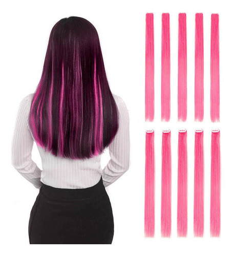 55 Cm 10 Unids Clip Recto En Pelo Sintético Color Rosa