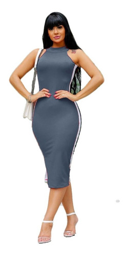 Vestido Midi Acinturado Canelado Roupas Femininas J500