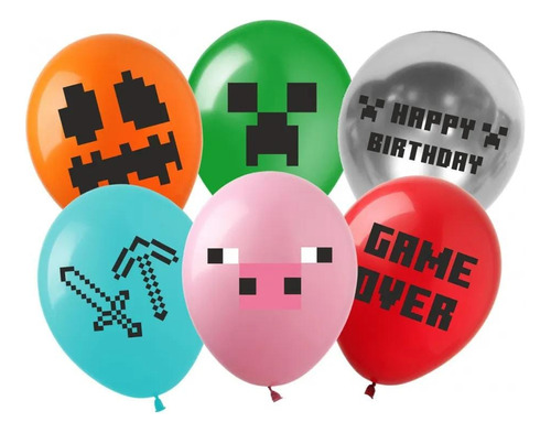 Globo Minecraft × 6 Cotillón Cumpleaños Fiestas Videojuegos 