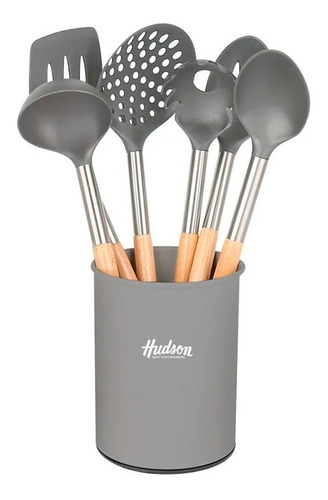 Set 6 Utensilios Hudson Nylon Mango Madera Espatula Cucharon