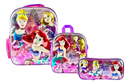 Kit Mochila Sirenita Niña Kinder Ruz Original Princesas Combo 3d Oferta Cenicienta Rapunzel Escolar 