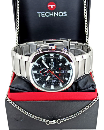 Relógio Technos Aço Prateado Masculino + Corrente 60cm Luxo