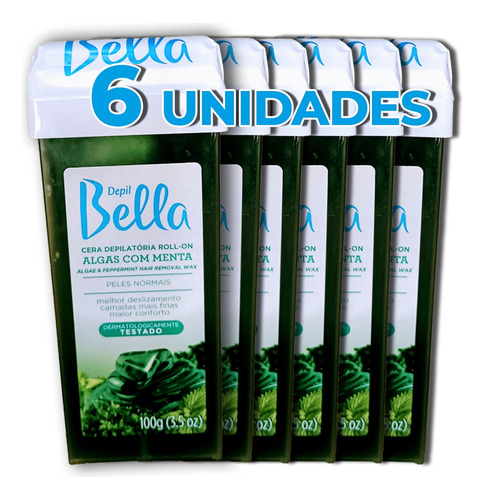 6x Ceras Roll On Para Depilação Alga/menta 100g Depil Bella