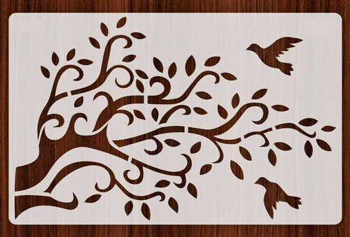 Stencil Árvore Folhas Pássaros Pintar Parede 60x40cm