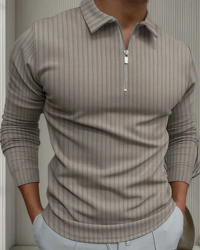 Camisa Polo Masculina Con Zipper Manga Larga Blusa De Rayas
