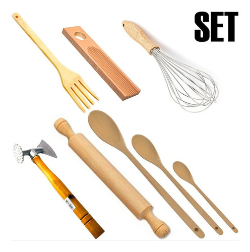 Set Utensillos Madera Martillo + Batidor + Cuchara + Ñoquera