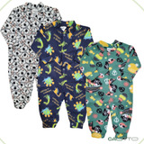 Kit 3 Macacão Soft Infantil Roupa Dormir Botão Entre Perna