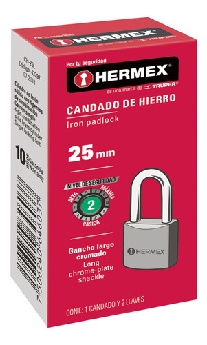 Candado Hierro Gancho Largo 25mm Caja Hermex