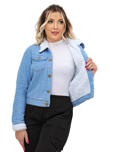 Jaqueta Feminina Jeans Lisa Básica Forrada Peluciada 