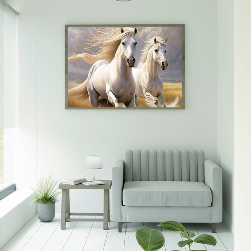 Quadro Decora Grande Para Sala Cavalos Brancos 90x60 Luxo 