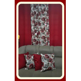 Kit Cortina Sala Floral 2.00m X 1,70m + 4 Almofadas Cheias