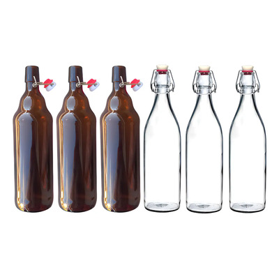 6 Botellas De Vidrio Ambar Y Transpararente+tapón 1000ml Color Ambar Y Transparente | Envío gratis