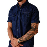 Camisa Masculina Sarja Jeans Botoes Manga Curta