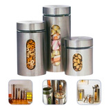 Kit Conjunto 3 Pote Mantimentos Tampa Rosca Vidro E Aço Inox