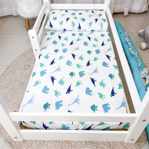 Lençol Elástico E Fronha Mini Cama Montessori Menina/menino Cor Azul Desenho Do Tecido Dino World