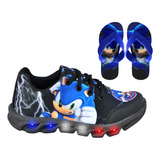 Tênis Infantil Masculino Com Luzes Led Cores Sonic + Chinelo