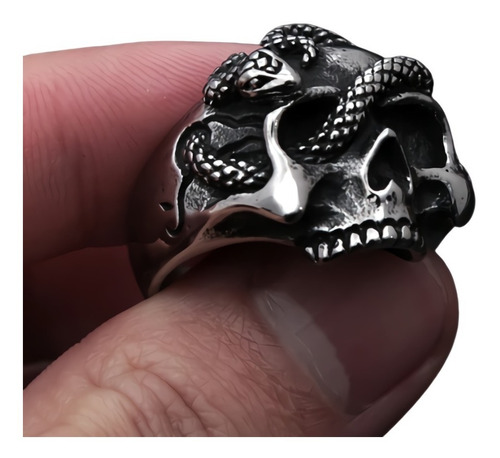 Anillo Serpiente Cráneo Calavera Acero Color Plata Hombre