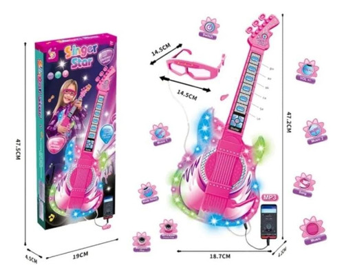 Guitarra Rosa Con Micrófono Y Lentes, Rosaso Y Azul