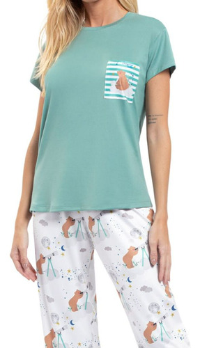 Pijama Adulto Estampado Veggi Manga Curta Com Calça Conforto
