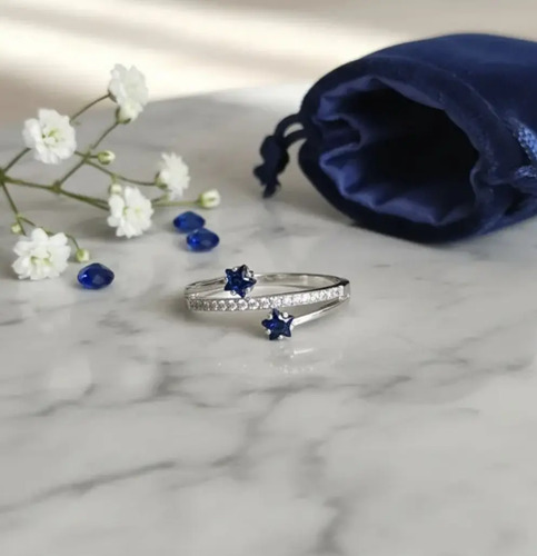 Anillo Doble Estrella Azul Plata Fina 925 Compromiso Unisex