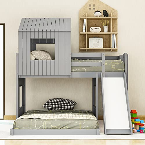 Cama Litera De Madera Con Tobogán Para Niños, Gris