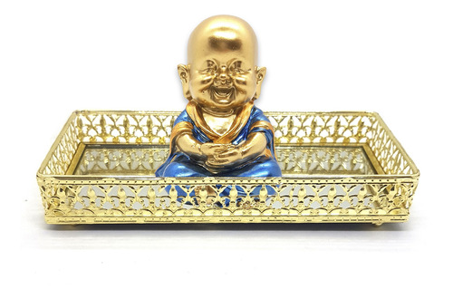 Kit Buda Dourando Azul Brilhante E Bandeja Decorativa Gold