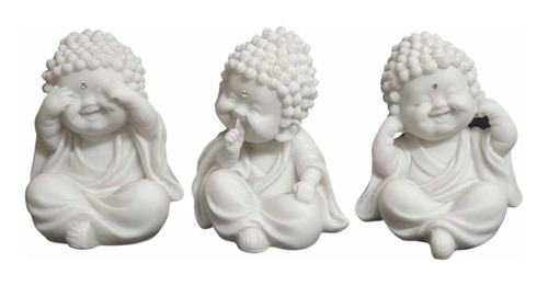Trio Monges Budas Sábios Mamorite Branco 9cm
