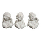Trio Monges Budas Sábios Mamorite Branco 9cm