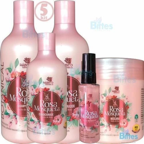 5 Kit Capilar Rosa Mosqueta Hábito Cosméticos Maciez Atacado