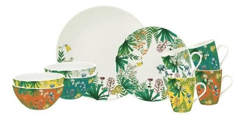 Set Vajilla Ceramica Jungle X16 Platos Taza Plato Postre Color Blanco