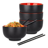 Platos Hondos De Ceramica Para Ramen Noodles Palillos 4 Pz Color Negro Extra Grande