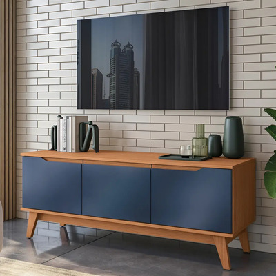 Centro de Entretenimiento Estante Mueble Mesa TV Kappesberg 136cm Hasta 55 Pulgadas con 3 Puertas Color Canela y Azul | Meses sin interés