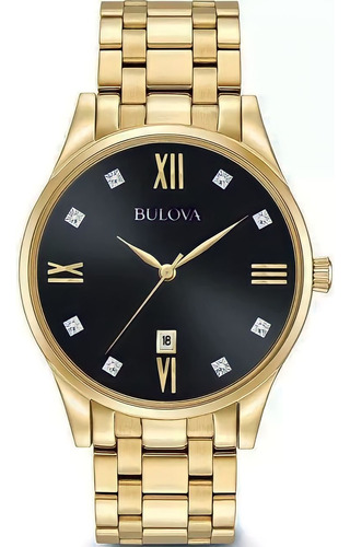 Relógio Bulova 97d108 Diamonds Orig Gold Black