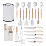 Set 19 Utensilios Cocina Silicona Con Tabla Picar Cuchillos