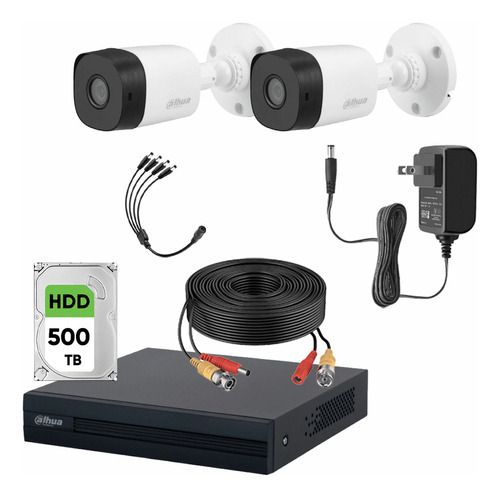 Dahua Kit 2 Cámaras De Videovigilancia Resolución De 2mp Disco Duro 500gb + Transceptores Cámaras De Seguridad Con Detección De Movimiento Kit Cctv Alta Resolución Blanco