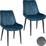 Set 2 Sillas Tapizadas Terciopelo Elegantes Comedor Modernas Estructura De La Silla Negro Asiento Azul Oscuro