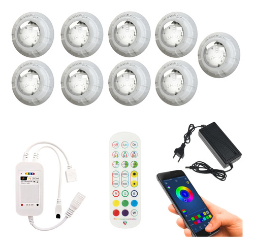 Kit Iluminação Piscina 9 Leds 72m² Rgb + Módulo Wi-fi Fonte