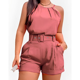 Conjunto Feminino Blusa + Shorts + Cinto Tecido Linho