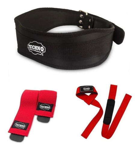 Cinturón Para Pesas + Straps + Rodilleras Pack Gym Rojo