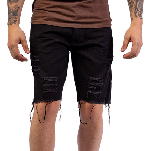 Bermuda Shorts Jeans Rasgado Masculino Curto Acima Do Joelho