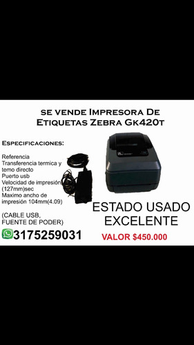 Impresora De Etiquetas Zebra Gk420t