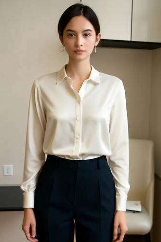 Blusa Satinada Lujo Manga Larga Cuello Camisa Mujer